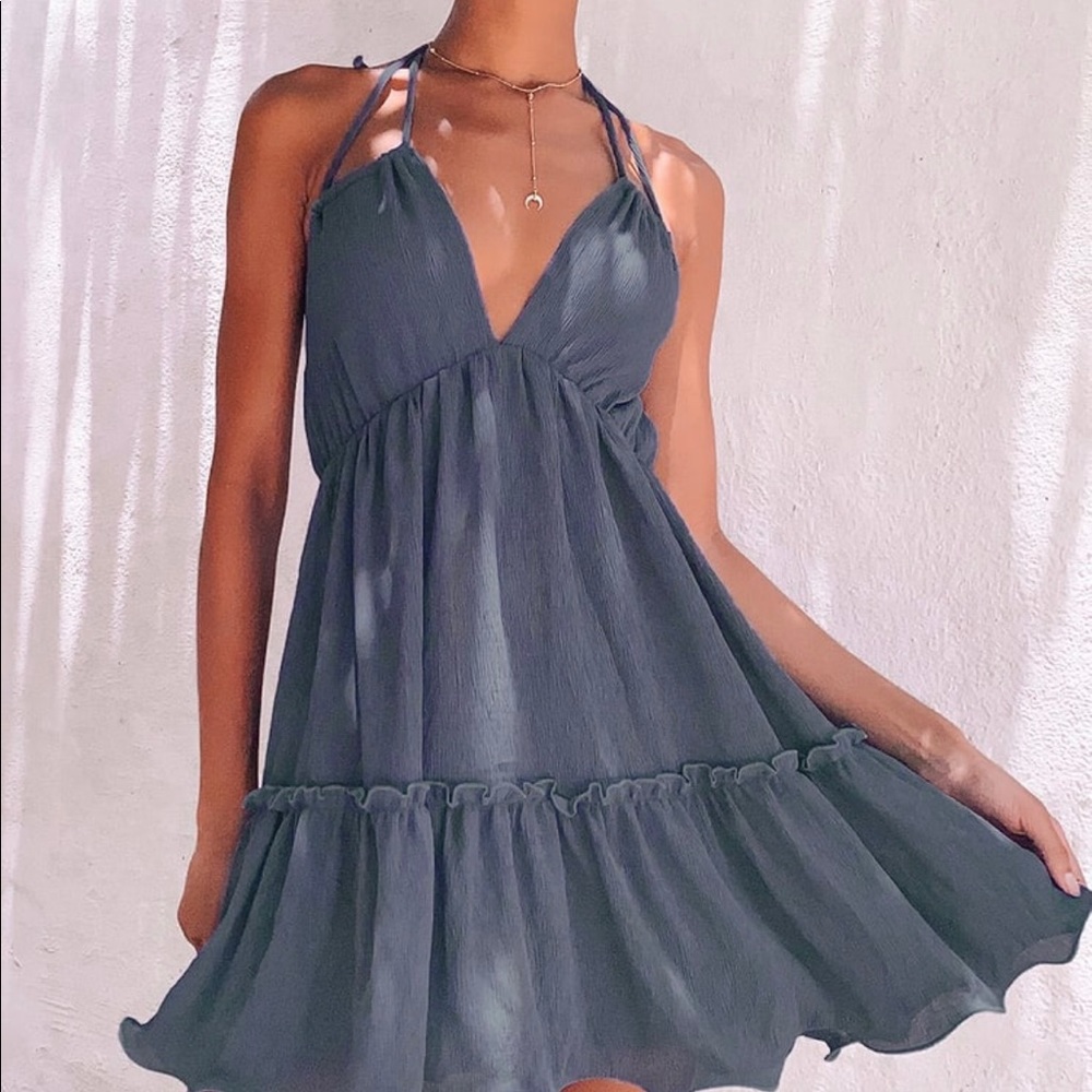 Lulu’s Sweet and Sunny Denim Blue Tiered Halter Babydoll Dress, NWT